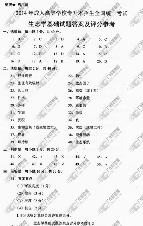 东莞成人高考2014年统一考试专升本生态学基础(图1)